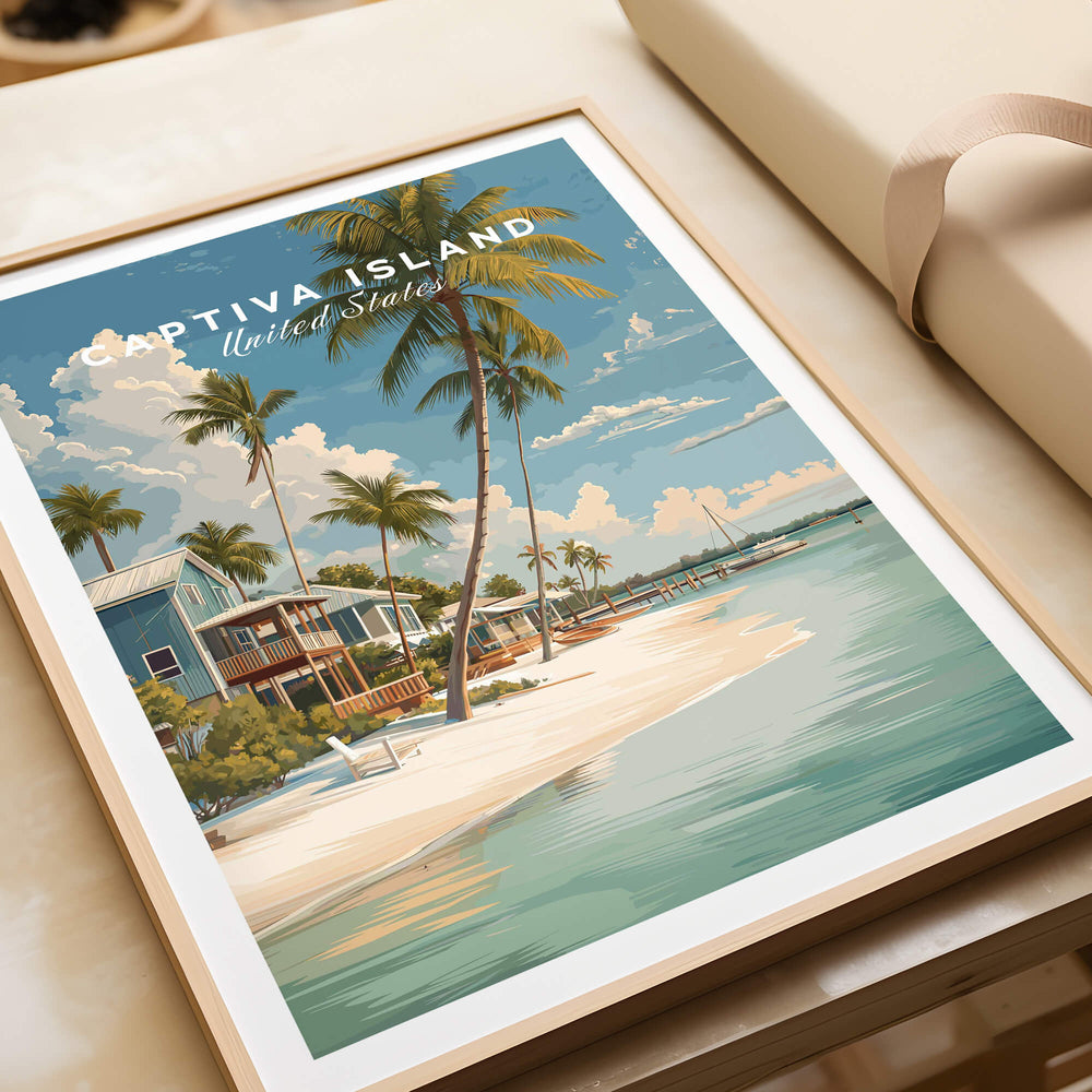 Captiva Island Florida Print – Coastal Palm Tree Art framed artwork of a beach scene with palm trees.