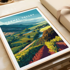 Framed art print of Carmel Valley California landscape with vineyards, colorful travel poster