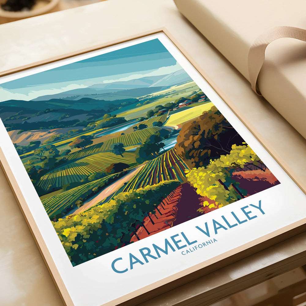 Framed Carmel Valley California travel art print featuring colorful landscape and vineyards