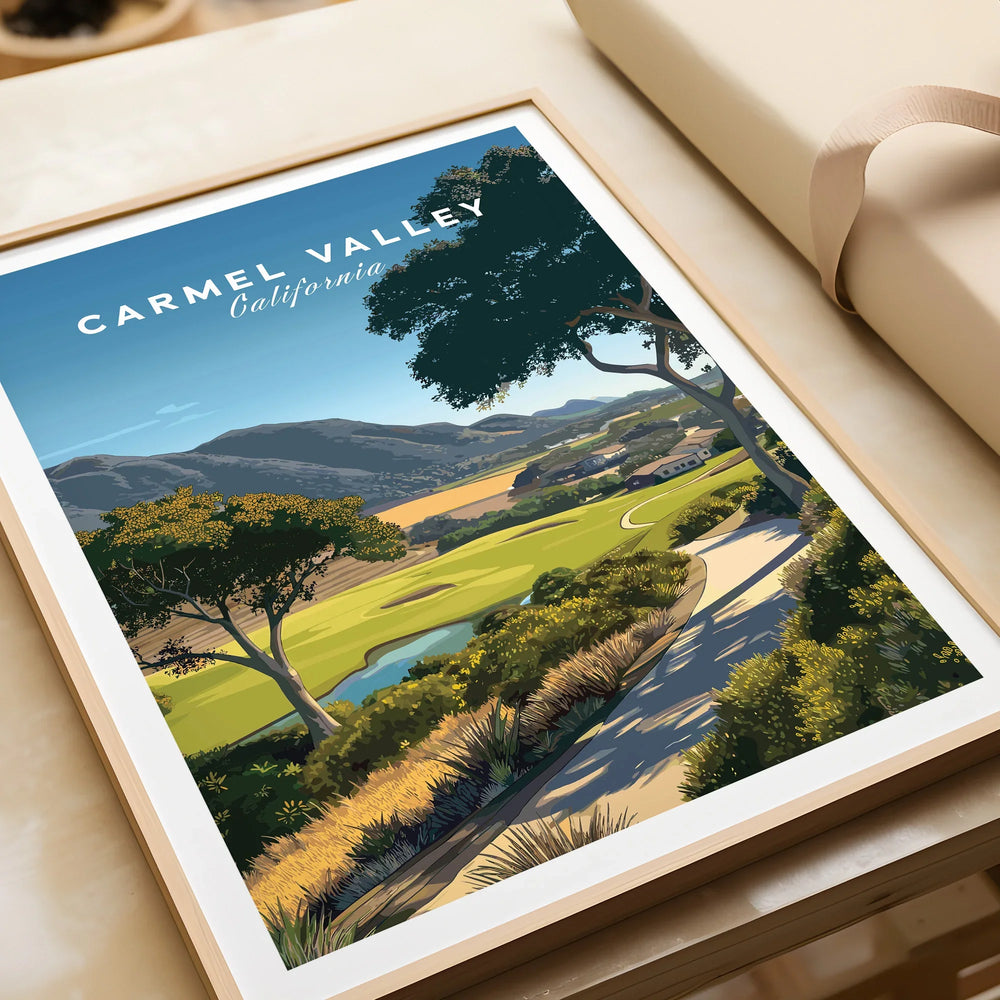 Framed Carmel Valley California art print with scenic landscape and sunlit path close up
