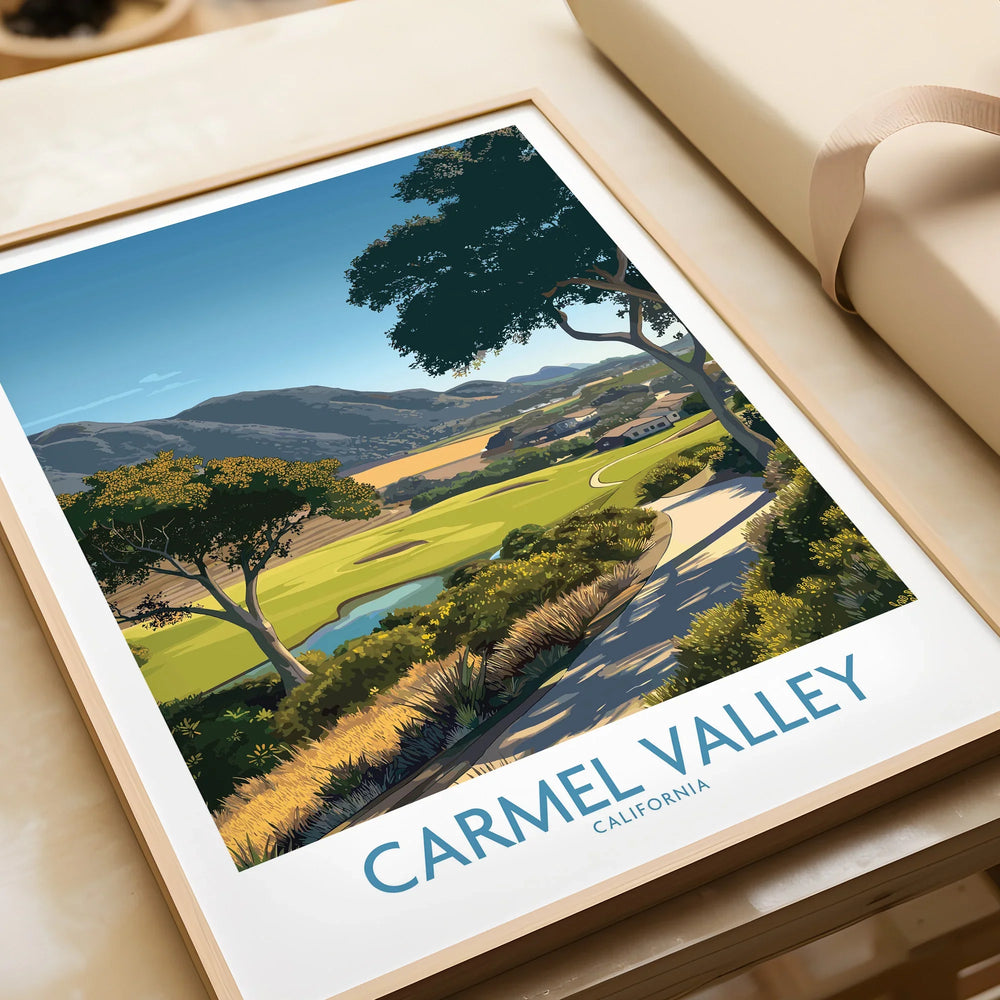 Framed Carmel Valley California travel poster with scenic landscape and sunny hills.