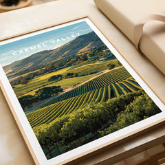 Framed Carmel Valley California travel poster with scenic vineyard landscape, close-up view