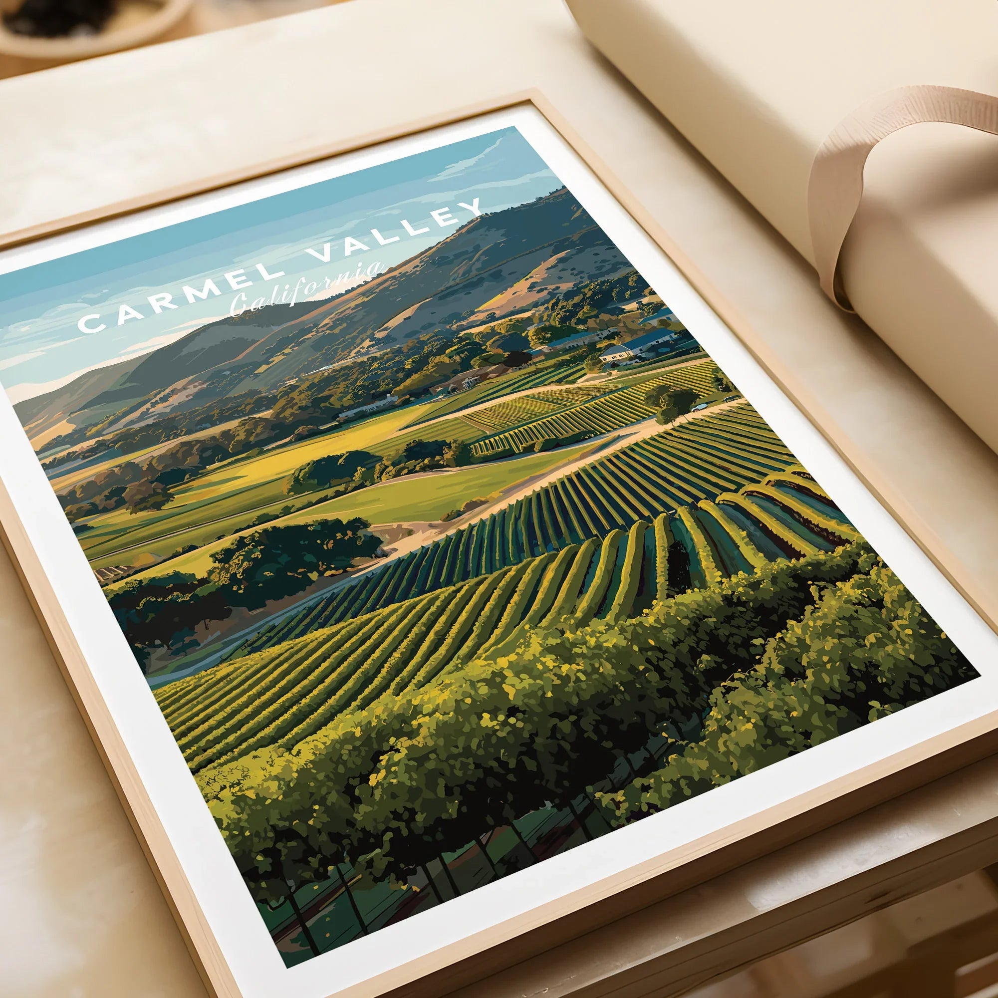 Framed Carmel Valley California travel poster with scenic vineyard landscape, close-up view