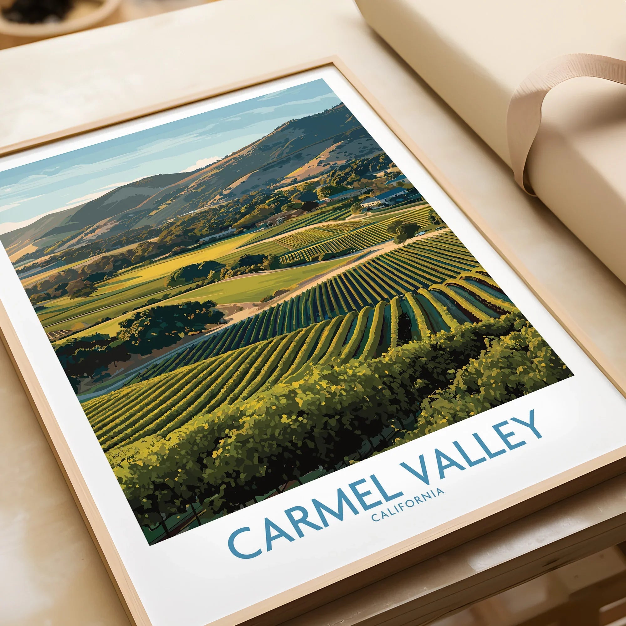 Framed art print of Carmel Valley California vineyards landscape, unwrapped as a gift.