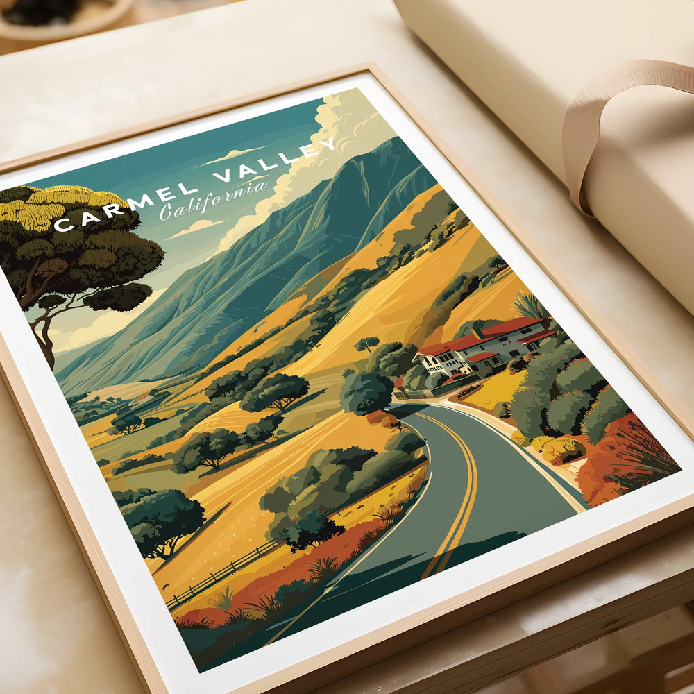 Framed Carmel Valley California travel poster print with scenic landscape art