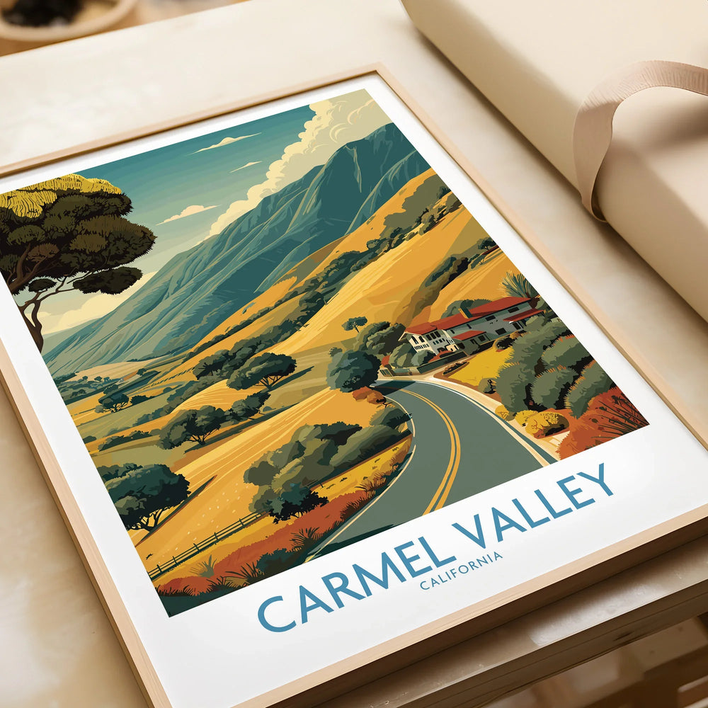 Framed Carmel Valley California travel poster with scenic landscape and winding road.
