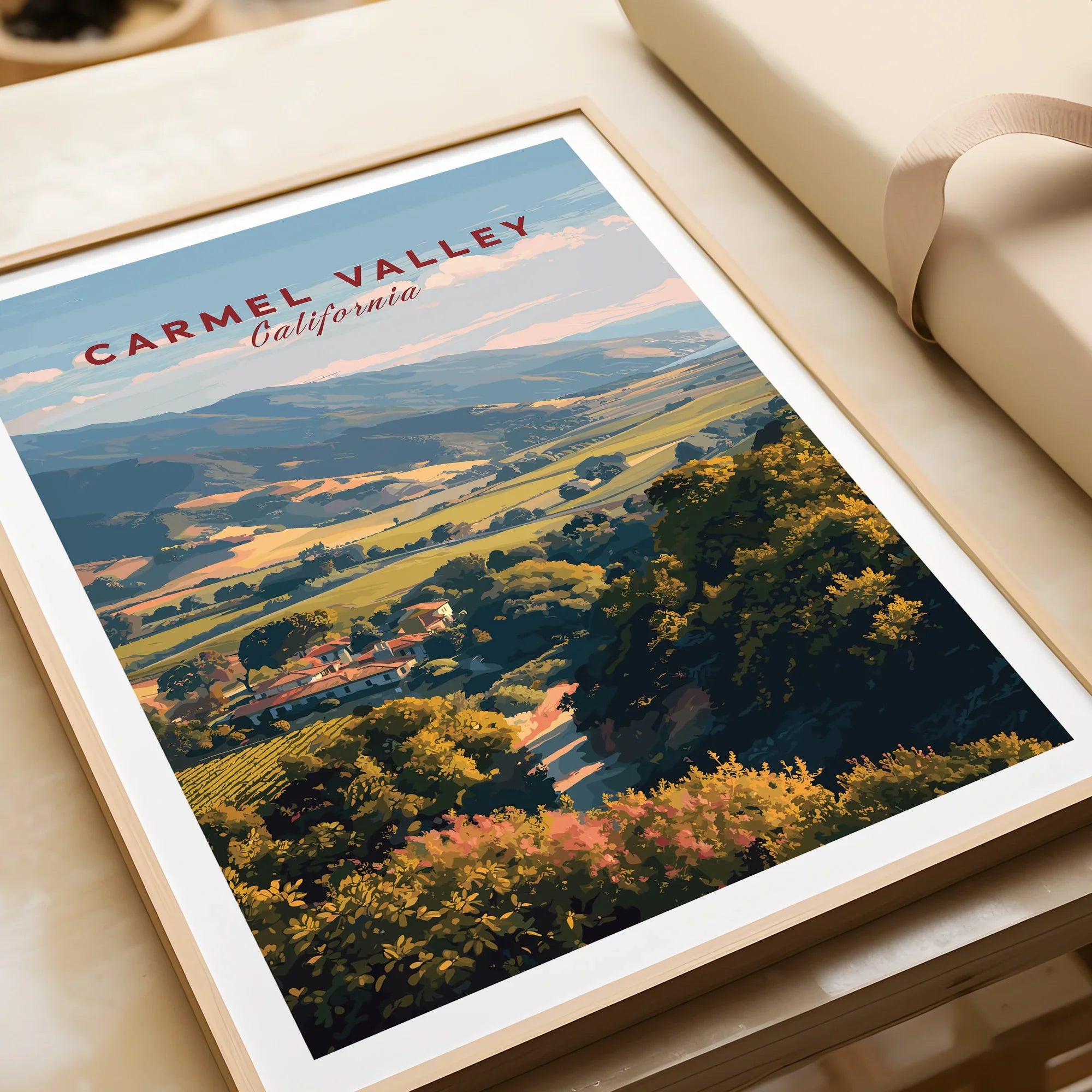 Framed Carmel Valley California art print featuring scenic landscape, closeup view, unwrapped gift