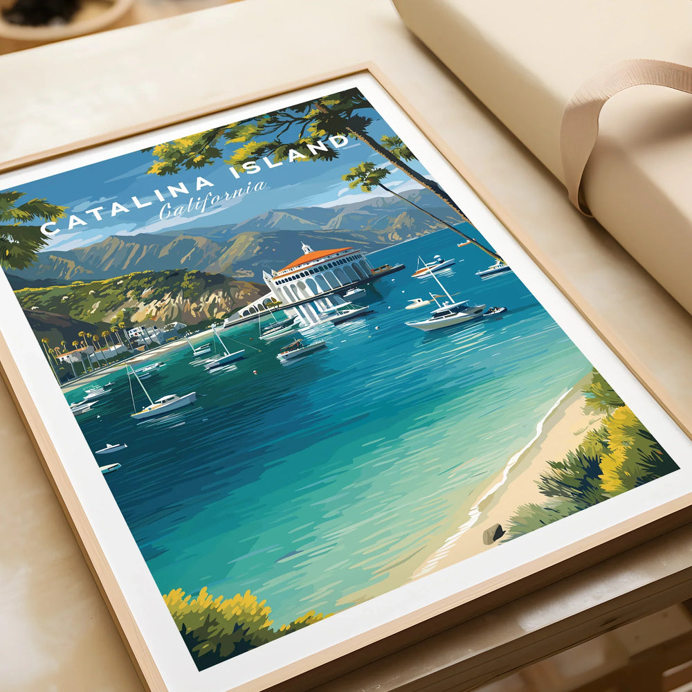 Framed Catalina Island California art print with boats, coastline, and blue ocean.