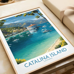 Catalina Island art print in natural frame, featuring coastline, boats, and mountains