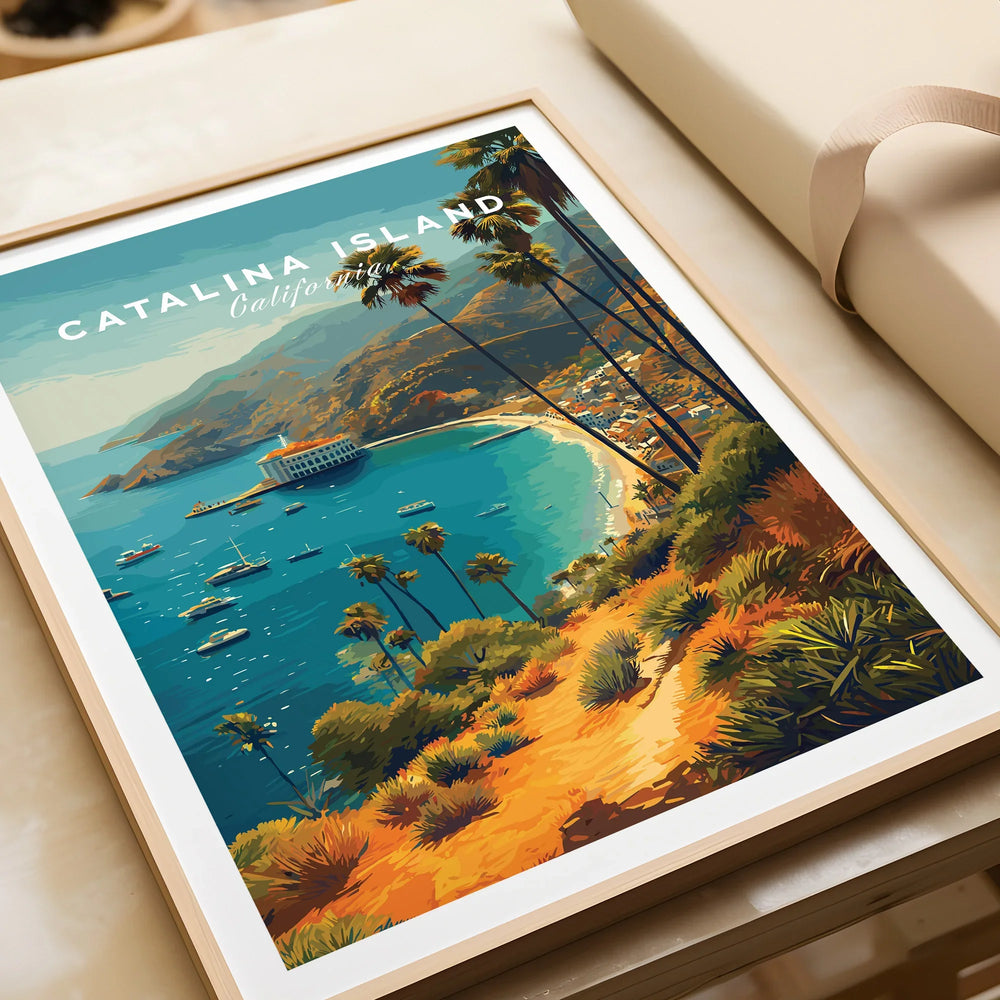 Framed Catalina Island travel poster art print with scenic bay and palm trees.