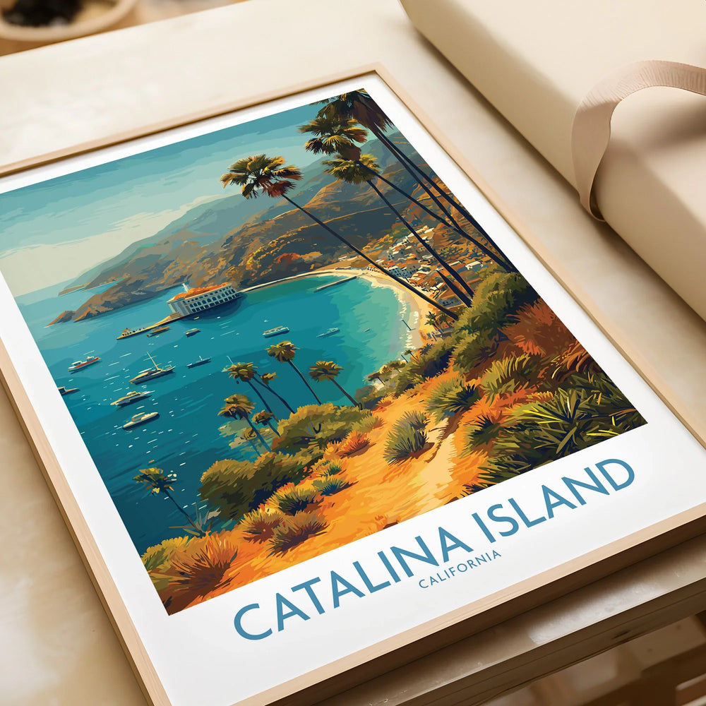 Catalina Island framed art print with coastal view, palm trees, and boats, unwrapped as a gift