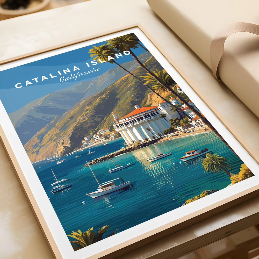 Catalina Island California travel poster in natural frame, featuring coastal landscape and boats.