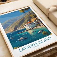 Catalina Island art print in natural wood frame, featuring boats, palm trees, and coastal scenery