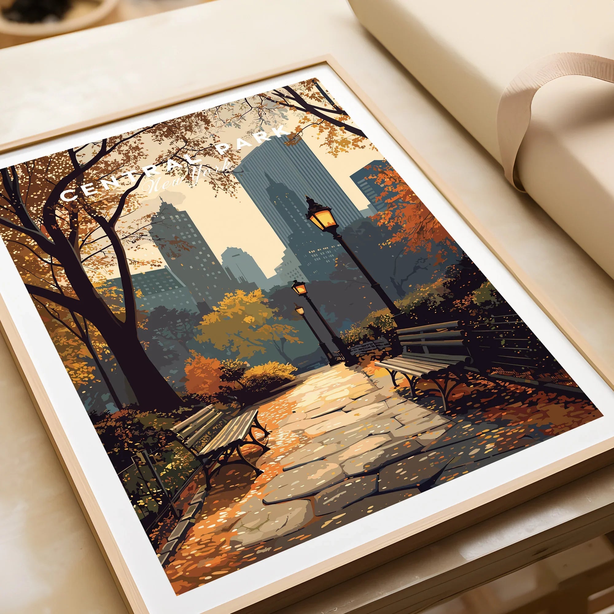 Framed Central Park art print with autumn trees, benches, and city skyline, unwrapped as a gift