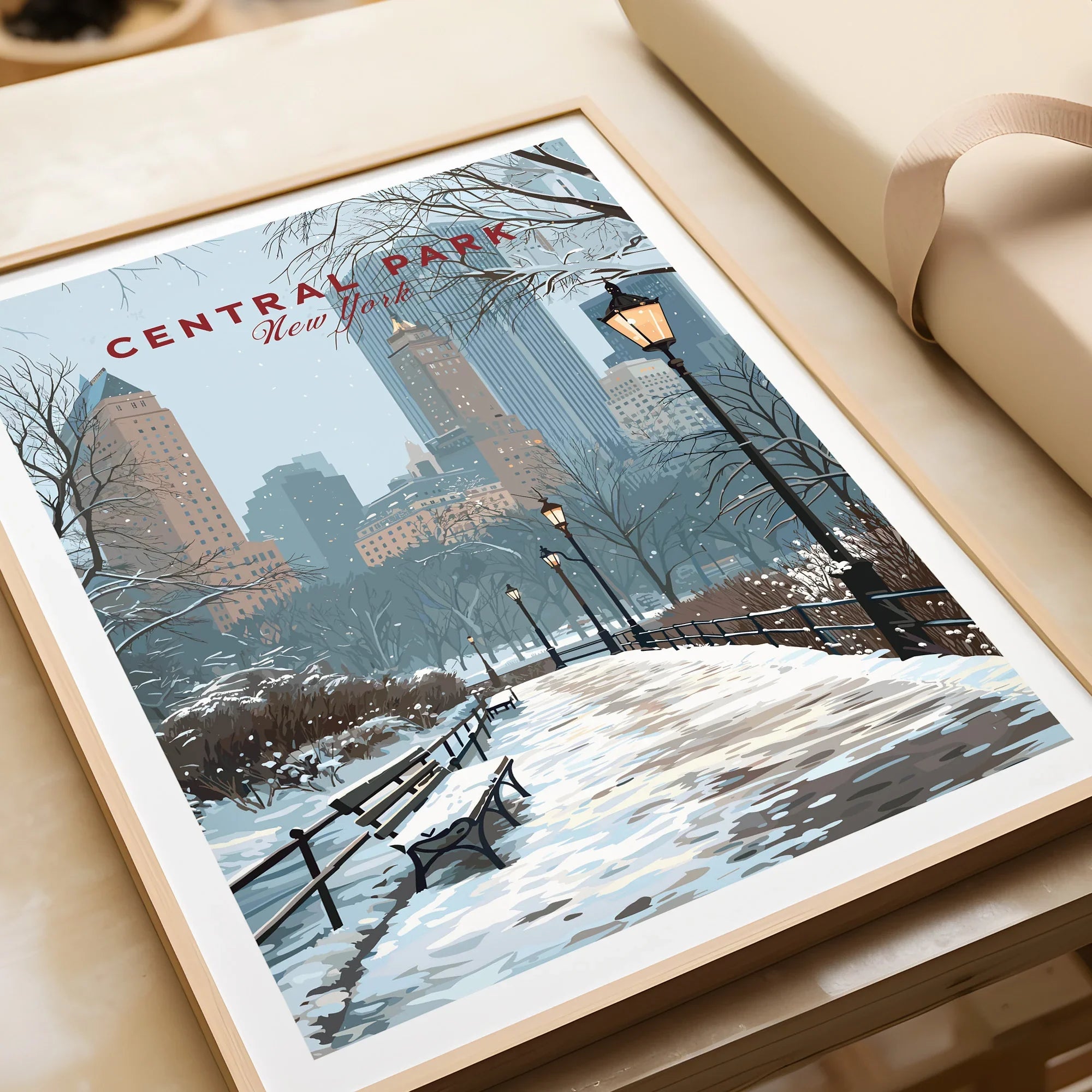 Framed Central Park art print with snowy city view, skyline, and winter benches.