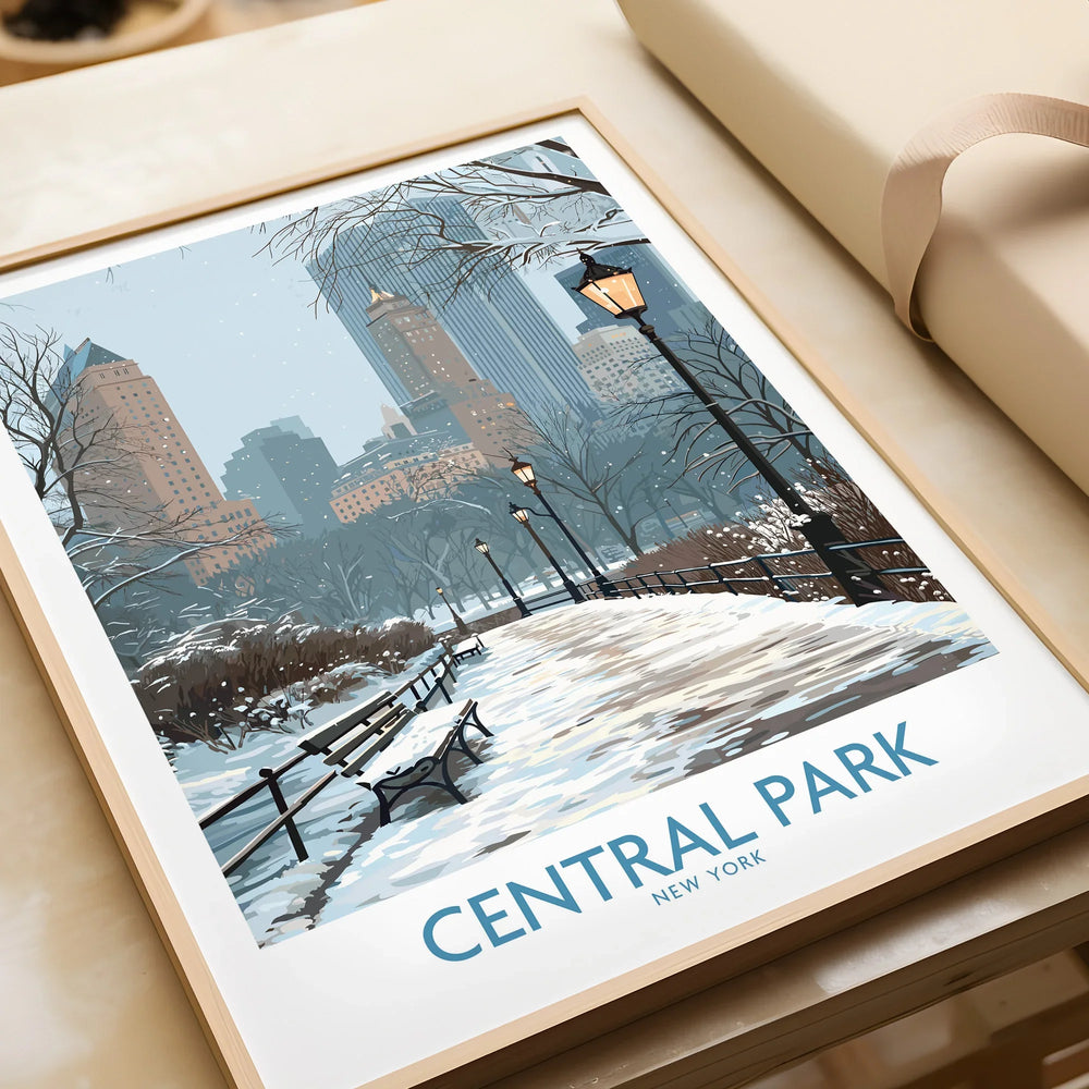 Central Park New York framed art print closeup, snowy winter path, city skyline wall art