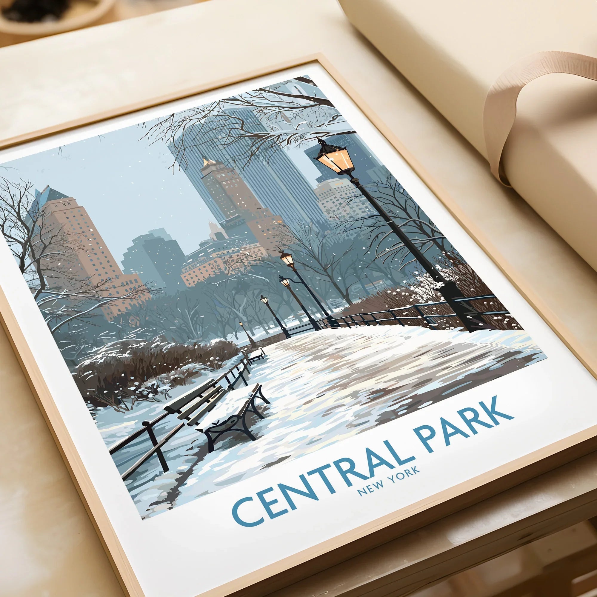 Central Park New York framed art print closeup, snowy winter path, city skyline wall art