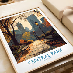 Framed Central Park art print with autumn trees, pathway, benches and city skyline, unwrapped.