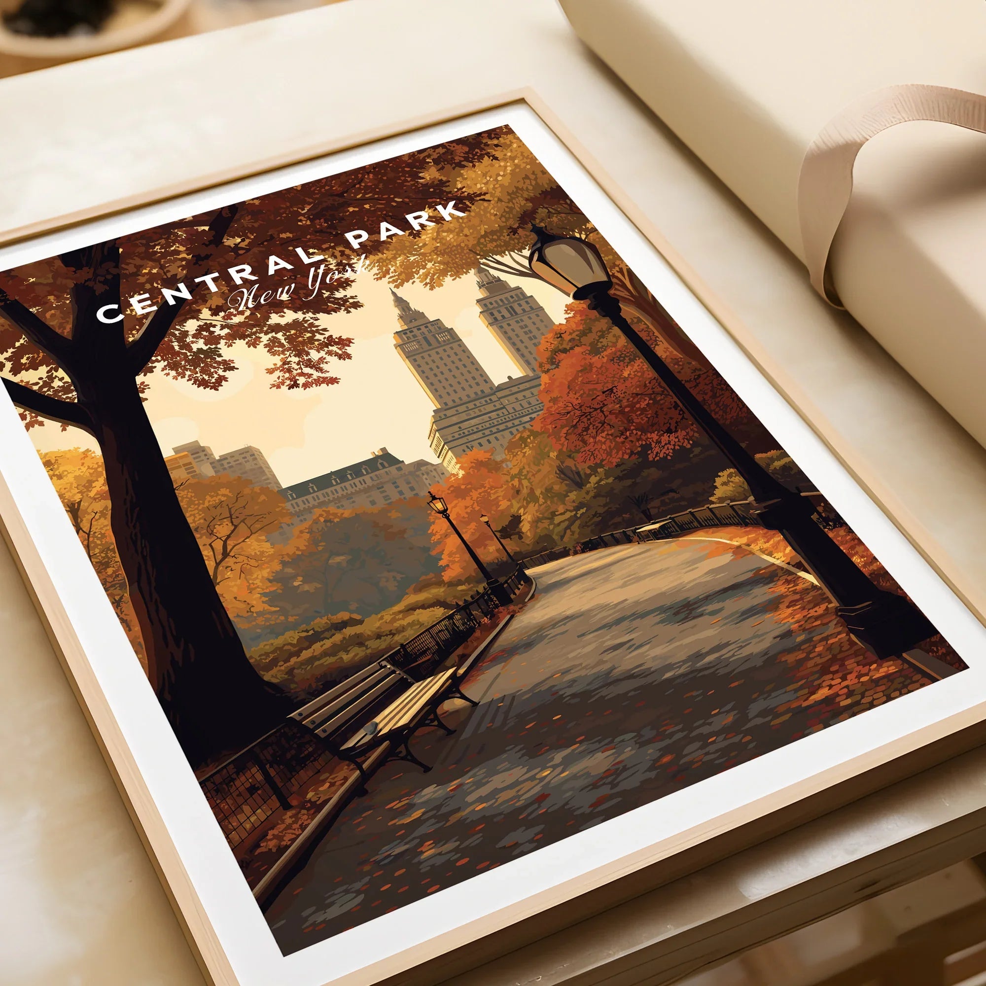 Framed Central Park New York art print closeup, autumn pathway, city skyline wall art