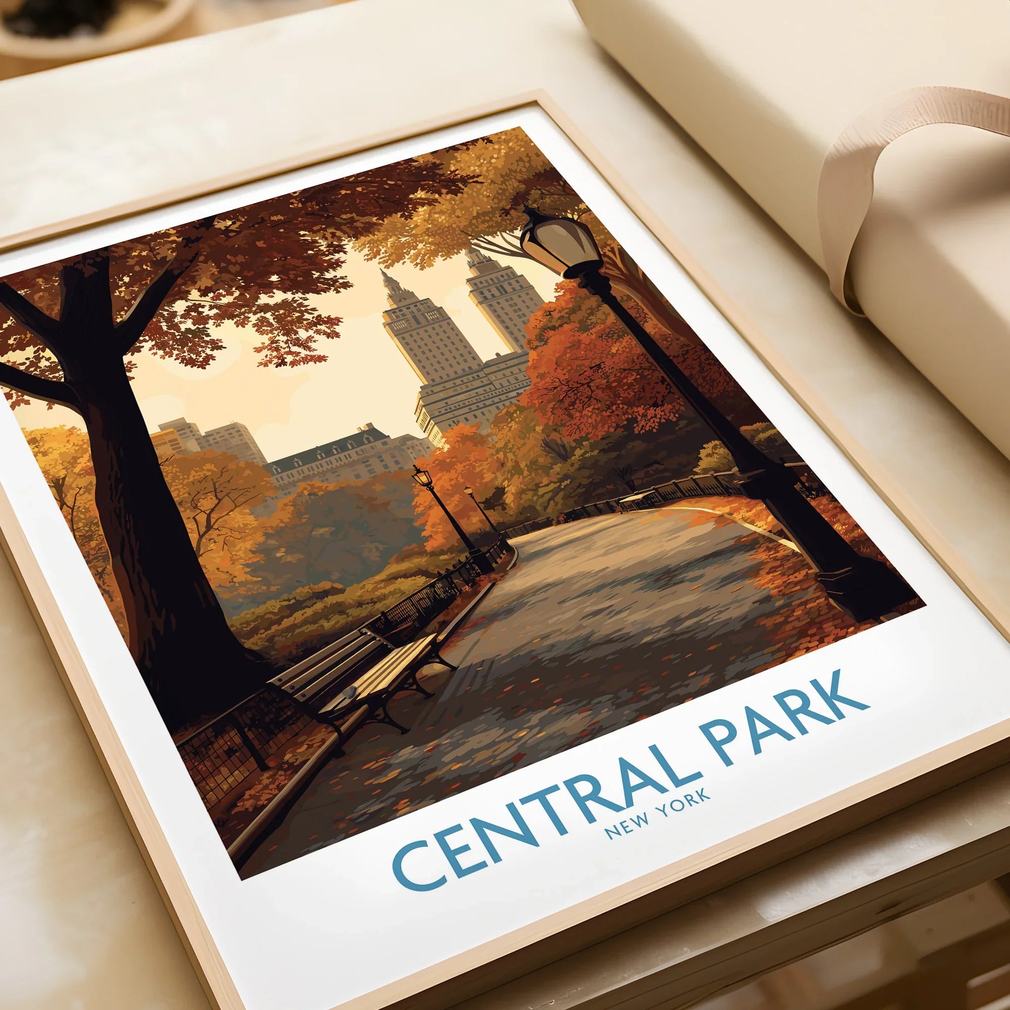 Framed Central Park New York art print featuring autumn trees and city skyline, close-up.