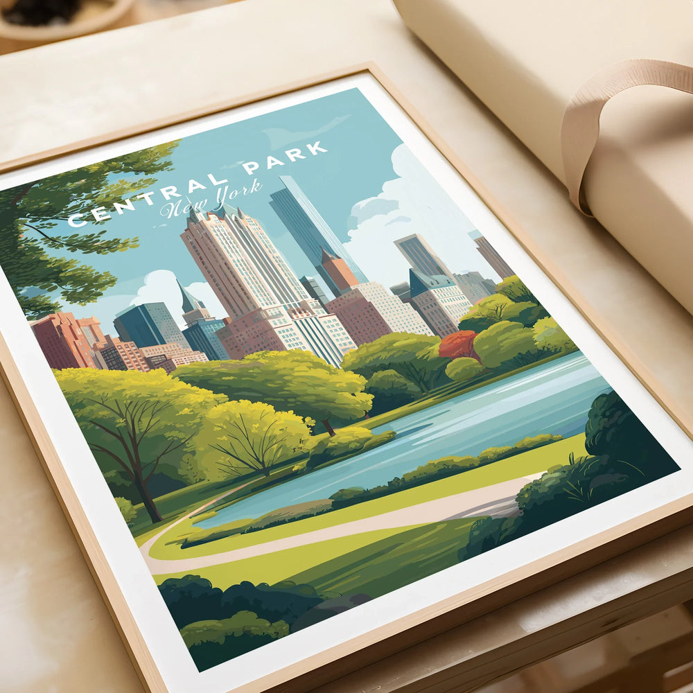 Framed Central Park New York art print with city skyline and trees, unwrapped as a gift