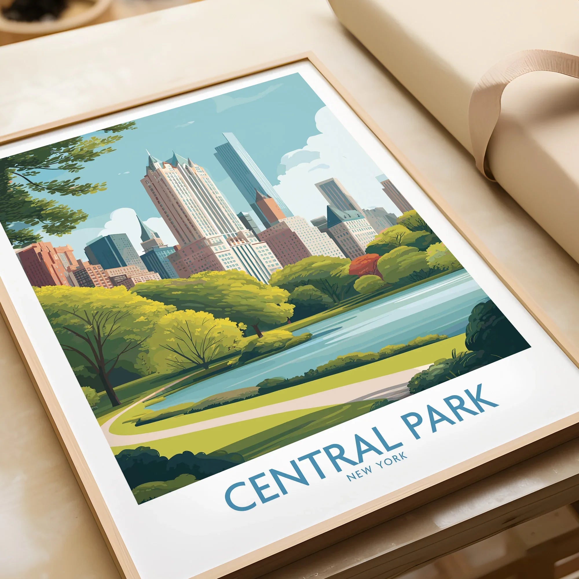 Framed Central Park art print with New York skyline, city travel wall decor