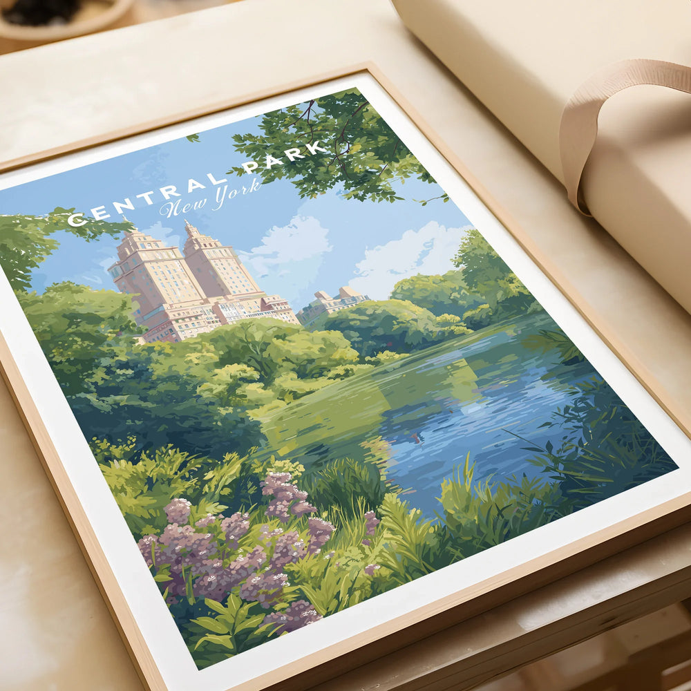 Framed Central Park New York art print with lake, city skyline, and lush greenery close-up