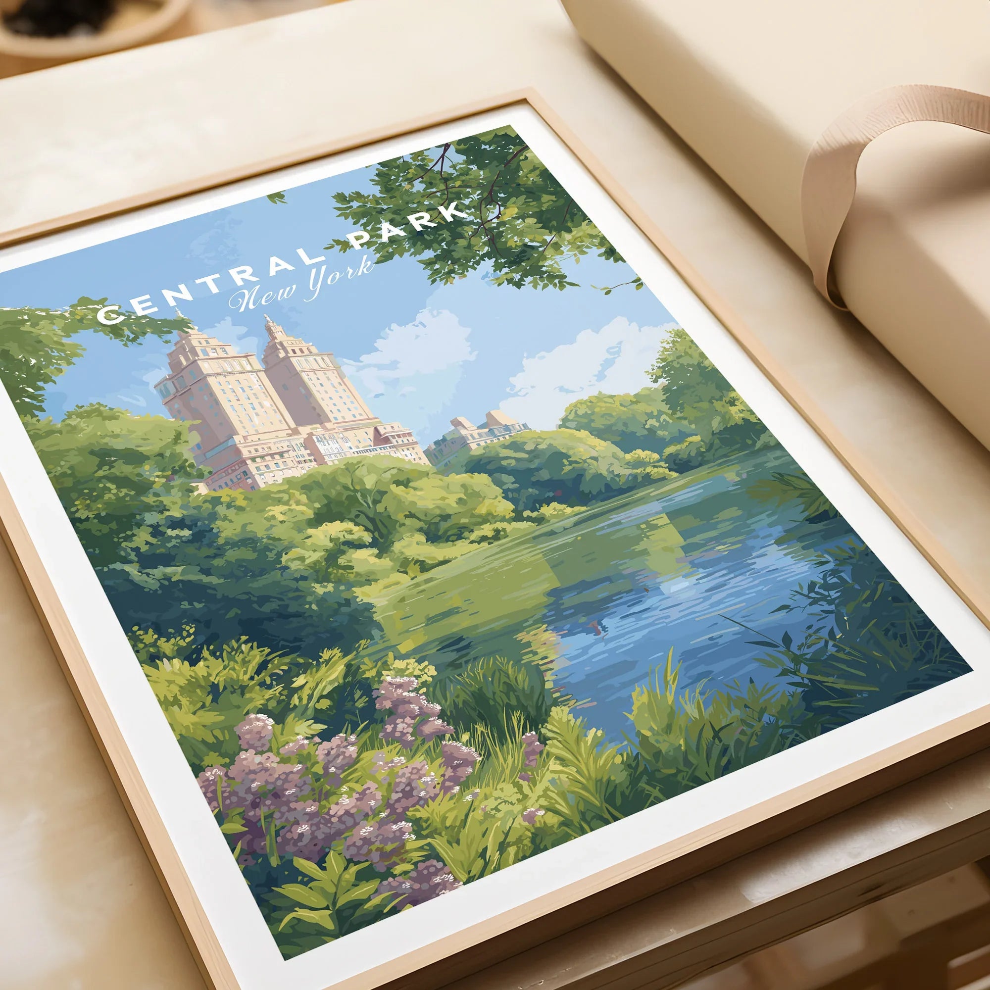 Framed Central Park New York art print with lake, city skyline, and lush greenery close-up
