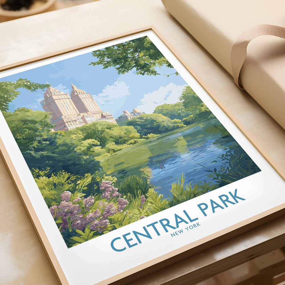 Central Park New York art print with city skyline, natural wood frame, closeup view