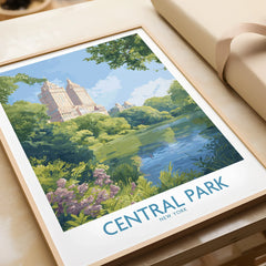 Central Park New York art print with city skyline, natural wood frame, closeup view