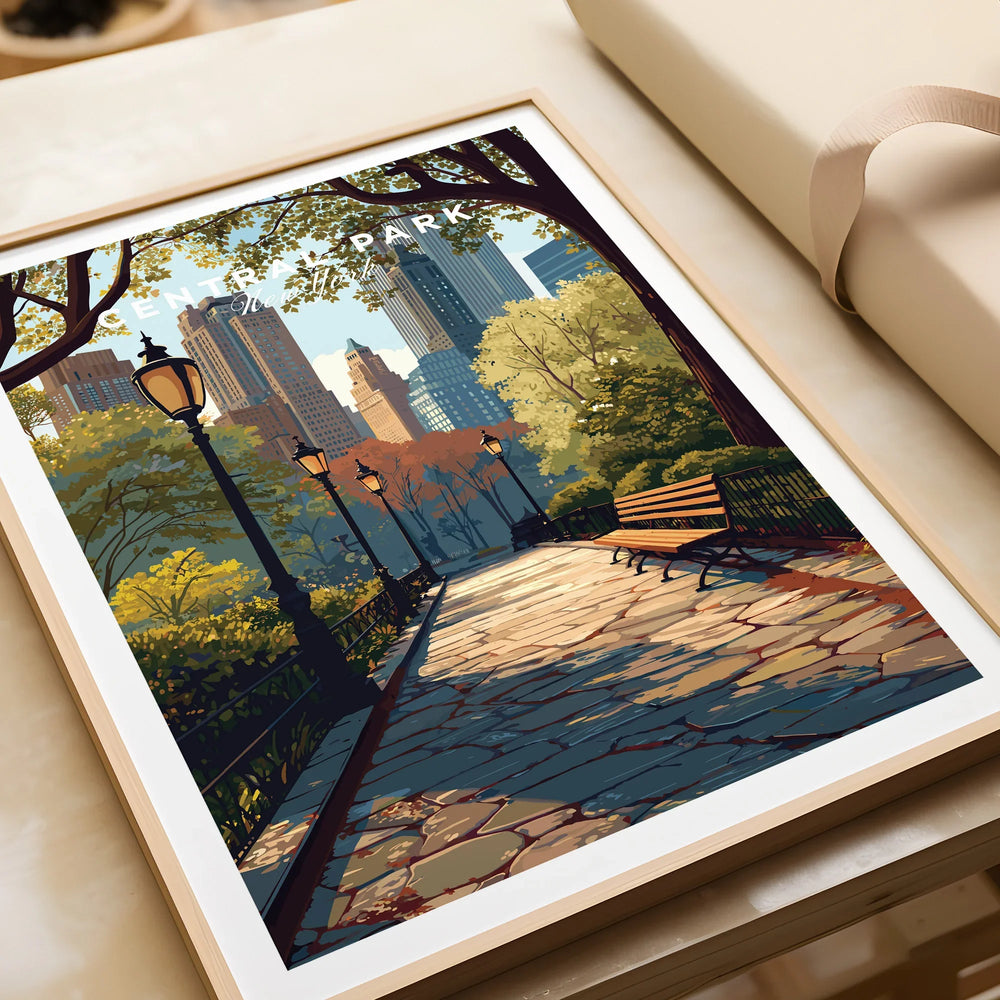 Framed Central Park art print closeup showing city skyline, benches, and tree-lined path