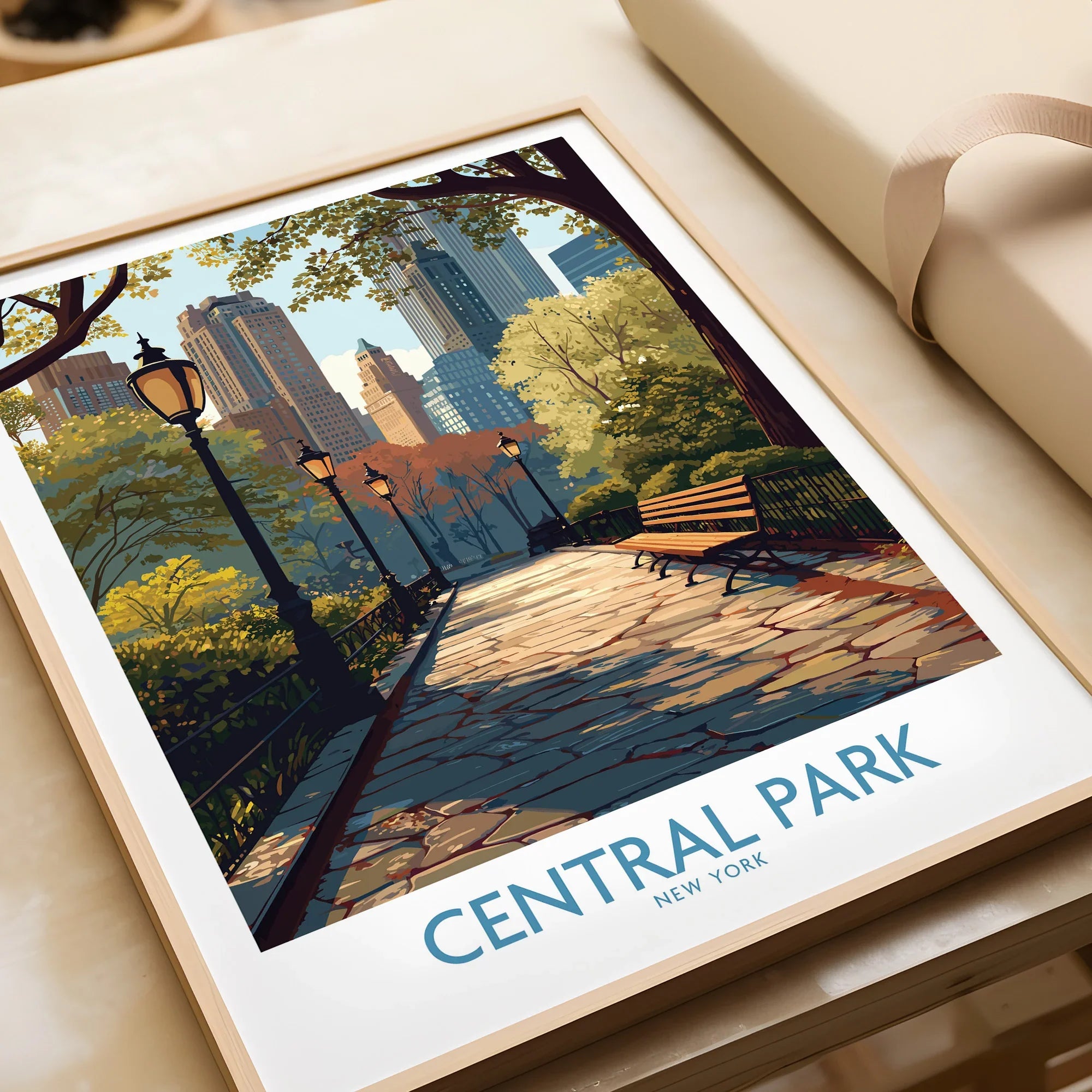 Central Park New York framed art print close-up with cityscape and pathway illustration