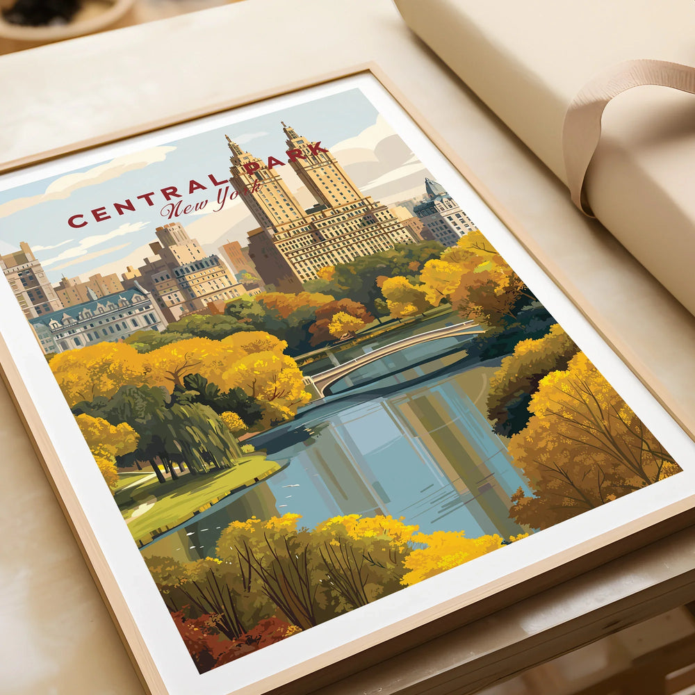 Framed Central Park New York art print with autumn trees, lake, and city skyline.