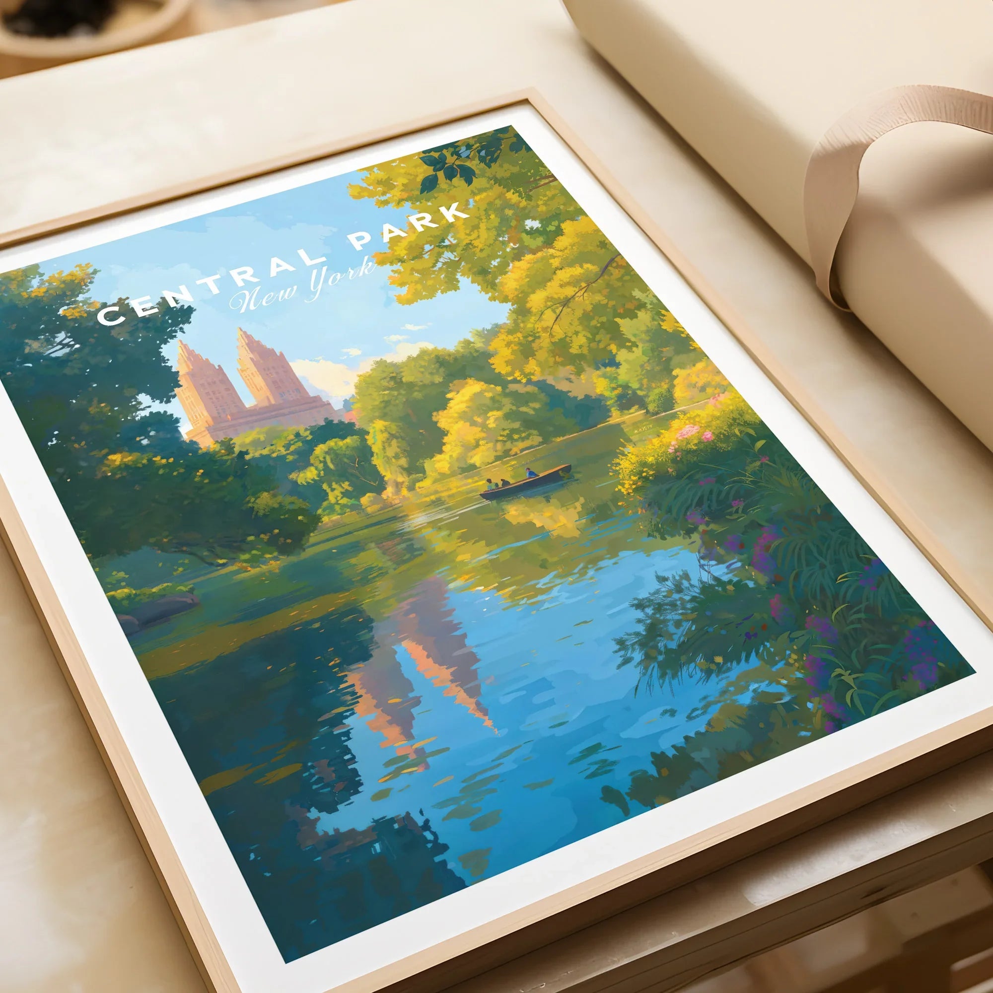 Framed Central Park New York art print with lake and trees, unwrapped as a gift