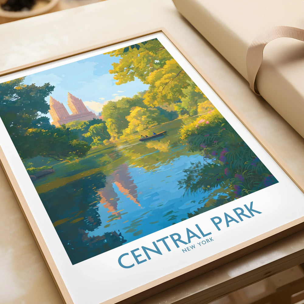 Framed Central Park New York art print with colorful landscape and lake reflection, unwrapped as a gift.