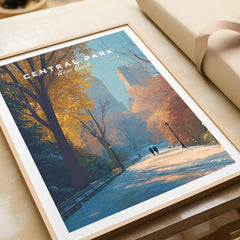 Framed Central Park art print with autumn trees and city skyline, travel wall decor