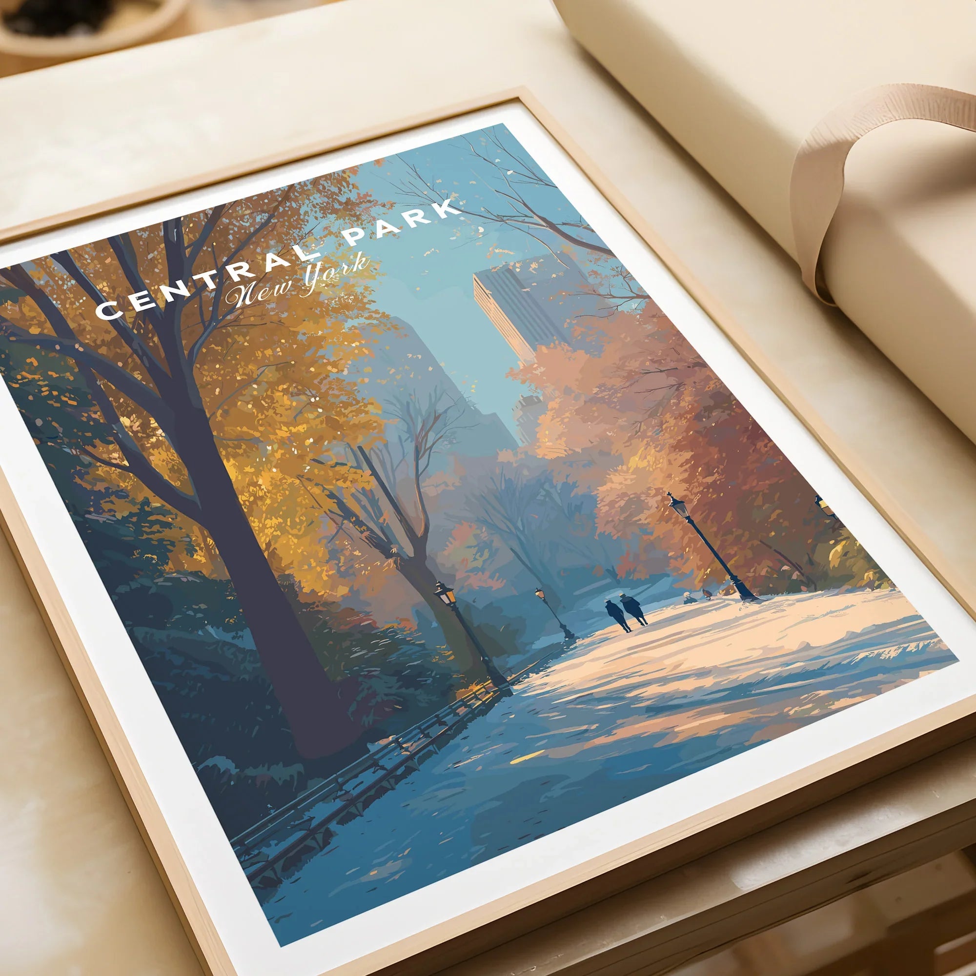 Framed Central Park art print with autumn trees and city skyline, travel wall decor