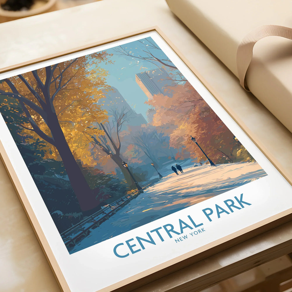 Framed Central Park New York art print with autumn colors and city skyline, unwrapped gift
