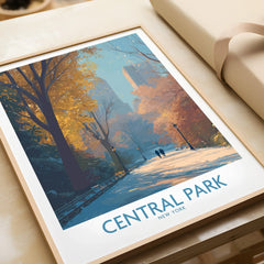 Framed Central Park New York art print with autumn colors and city skyline, unwrapped gift