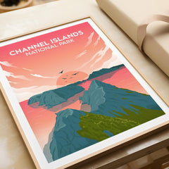 Channel Islands National Park art print in natural wood frame, sunset landscape illustration