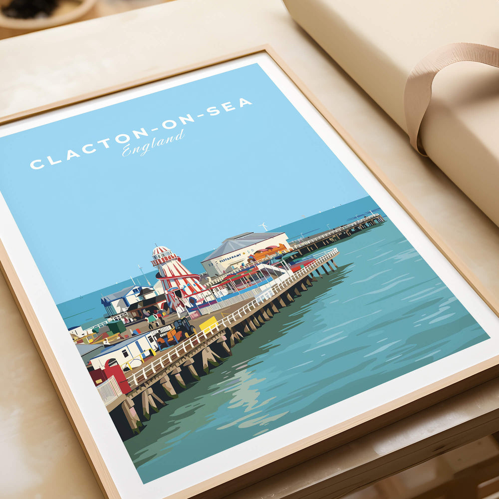 Clacton-on-Sea Travel Poster – Historic Pier Art Print showcasing the historic pier in vibrant colors and vintage style.
