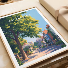 Colchester England travel poster framed, colorful city street art print, unwrapped gift