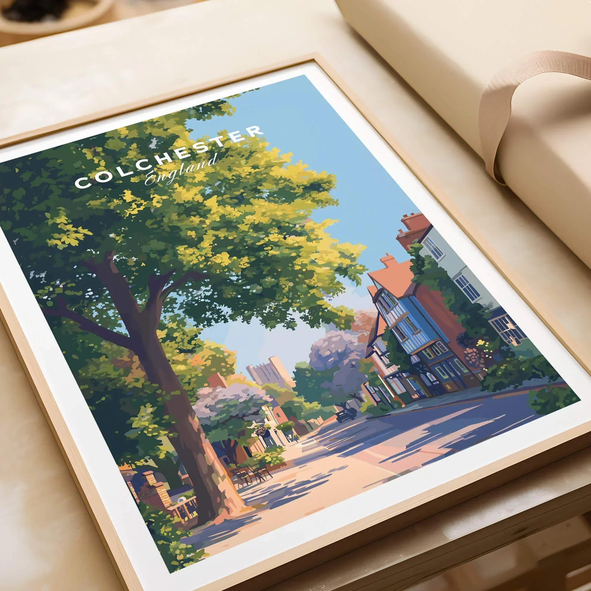 Colchester England travel poster framed, colorful city street art print, unwrapped gift