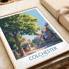 Colchester England travel poster framed, colorful street art print with trees and houses