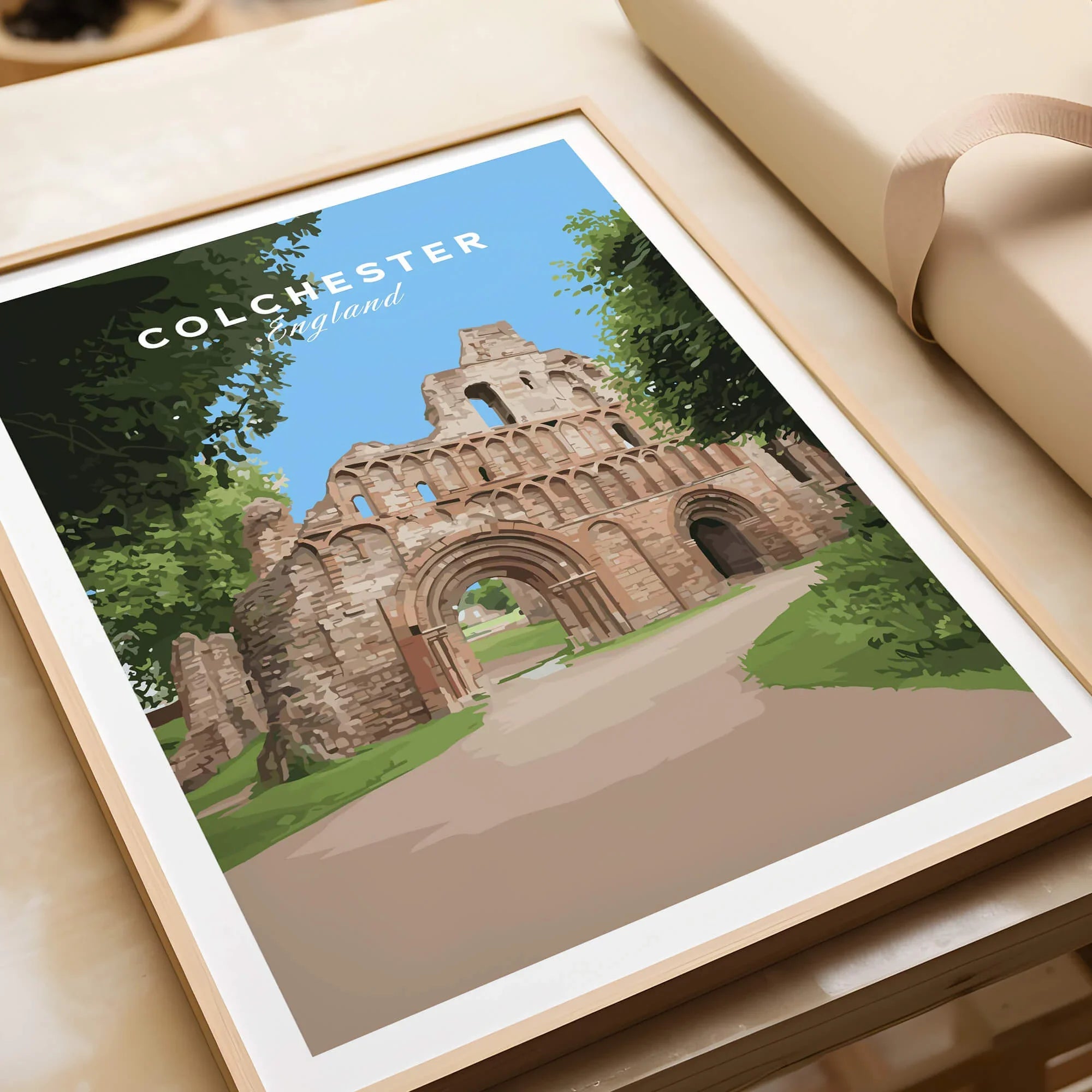 Colchester England travel poster print with historic ruins, closeup in natural wood frame