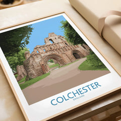 Colchester England framed wall art print featuring historic ruins on a table, gift unwrapped