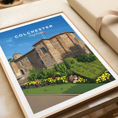 Colchester England travel poster framed art print with historic castle and garden illustration