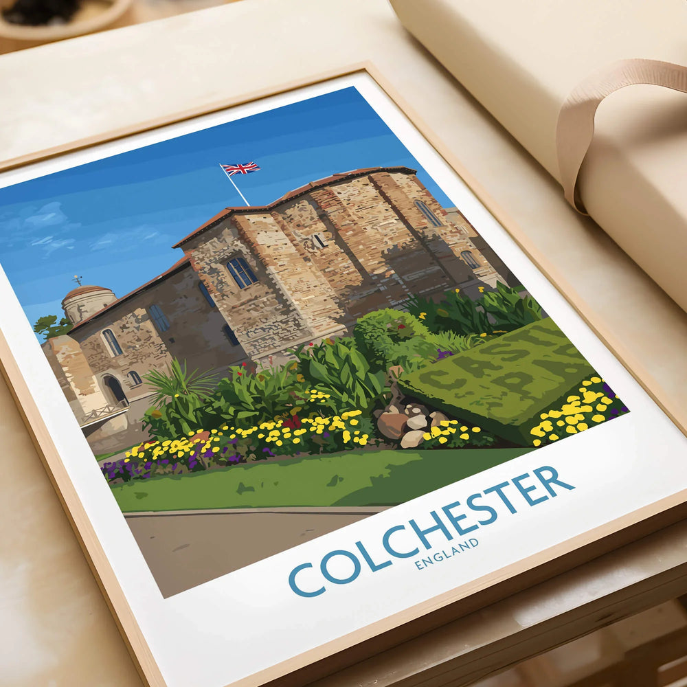 Framed Colchester England travel poster print with castle illustration and garden closeup