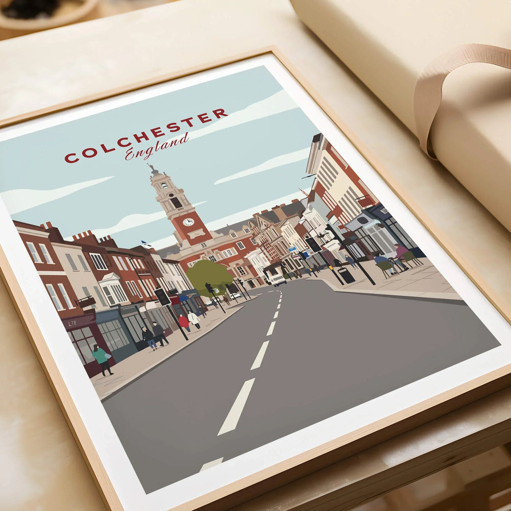 Colchester England travel poster framed art print featuring city street and clock tower