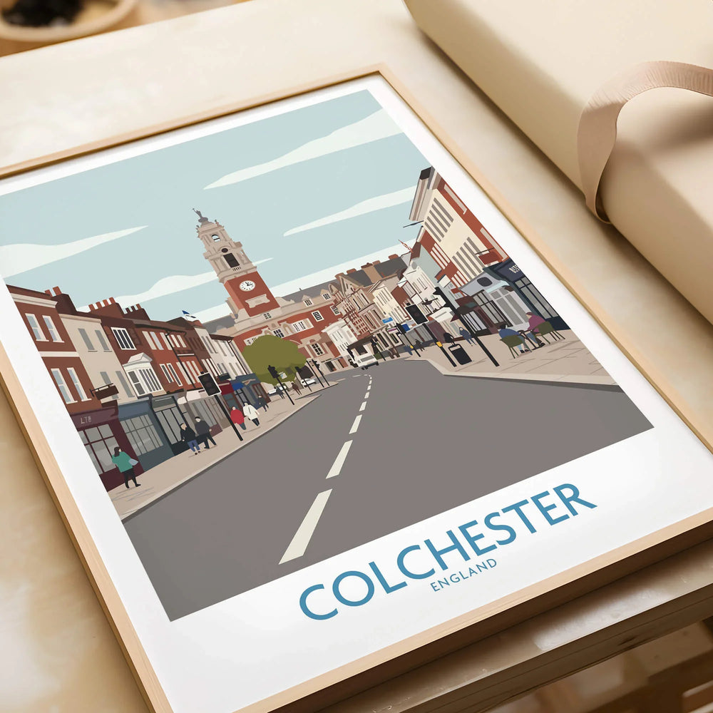 Colchester England city skyline art print in a natural wood frame, close up on gift table